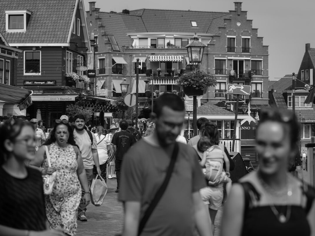 group of friends in village square